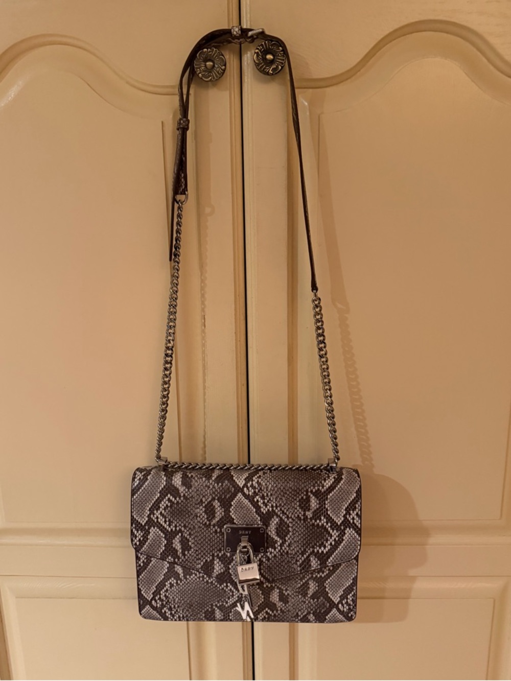 DKNY Black and Gray Snake-Print Crossbody Bag
